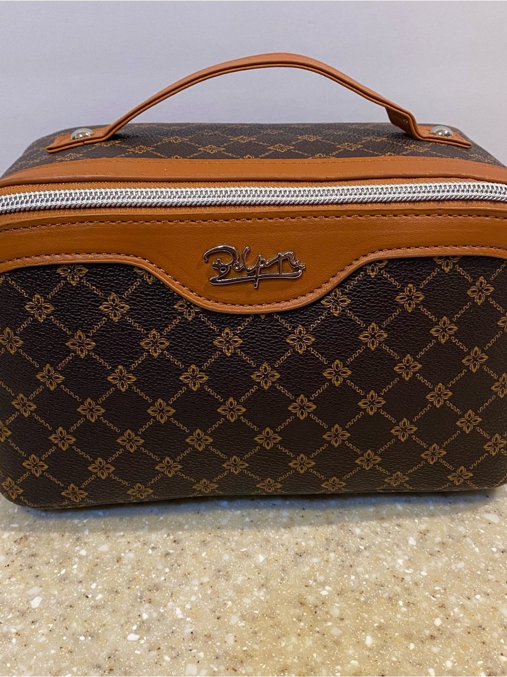 Men's Brown Patterned Toiletry Bag with Tan Trim
